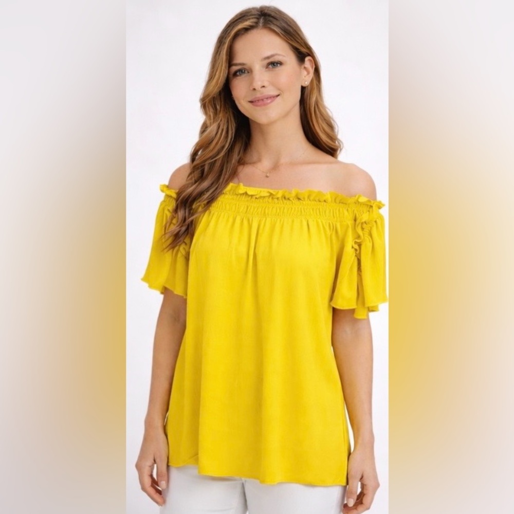 Yellow Ruffled Off-Shoulder Top - Picture 9 of 9